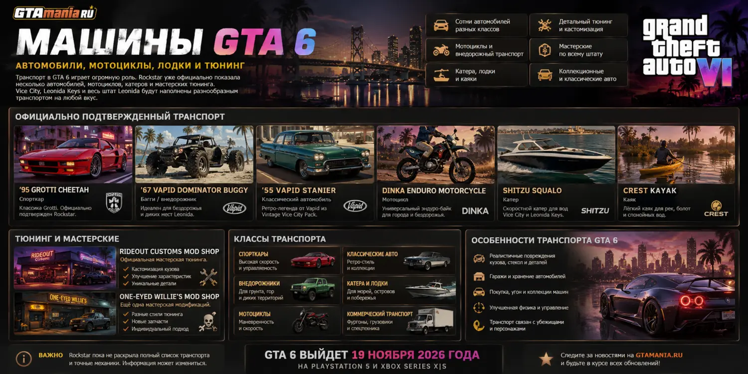 Машины GTA 6 — автомобили, мотоциклы, лодки и тюнинг