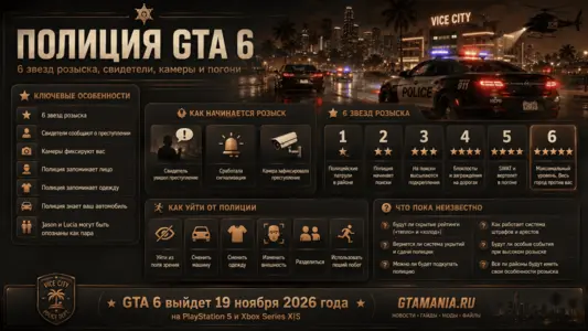 Полиция GTA 6 — 6 звезд розыска, свидетели, камеры и погони