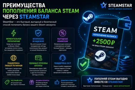 Преимущества пополнения баланса Steam через SteamStar